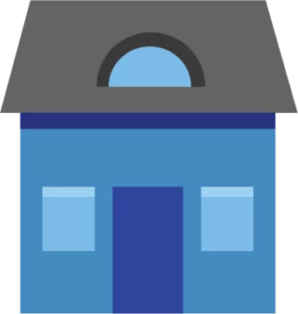 Cartoon style image of a blue house with gray roof.